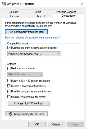 Jetfighter V shortcut's compatibility tab